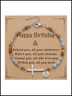 Personalized Initial Cross Bracelet Natural Stone Beads Faith Gift